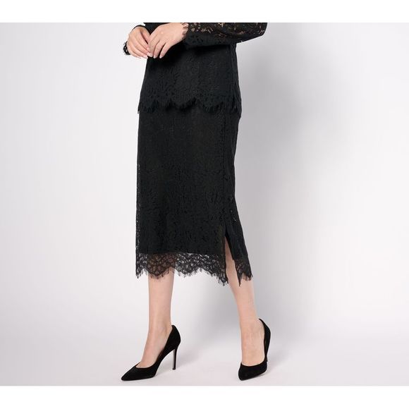 Isaac Mizrahi Live! Women's Plus Sz Skirt 2X Lace Midi w/ Black A620552 - Picture 1 of 7
